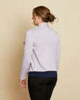 Woman wearing soft Australian Merino wool waterfall cardigan in lilac. Designed to wear over other layers as an outer layer. Made in Australia at Woolerina's workrooms at Forbes in central west NSW.