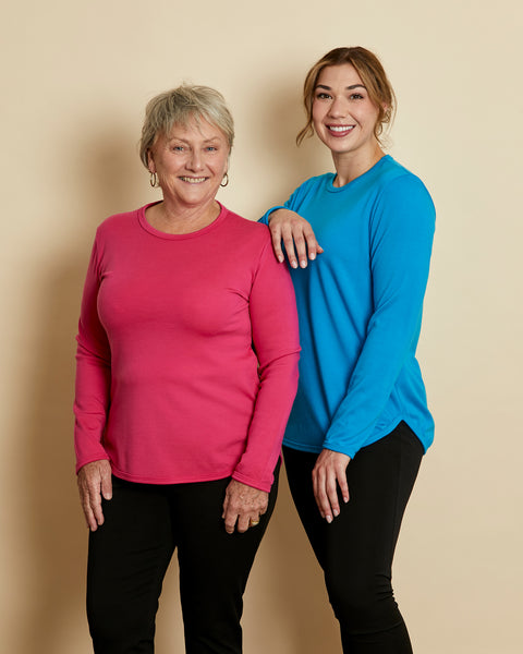 Woman wearing soft Australian Merino wool crew neck pullover. Relaxed fitting, designed to wear over other layers as an outer layer or on its own next to the skin. Made in Australia at Woolerina's workrooms at Forbes in central west NSW.