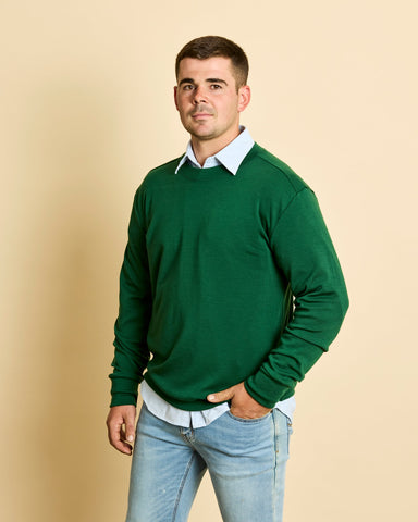 Men wearing Australian Merino Wool T-Shirt in tomato red.