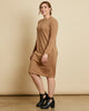 Woman wearing soft Australian Merino wool relaxed fitting long sleeve crew neck dress in camel. Designed as a relaxed fit and sitting around knee length. This style is perfect as a base to add other layers. Made in Australia at Woolerina's workrooms at Forbes in central west NSW.