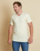 Man wearing soft Australia Merino wool short sleeve V neck t.shirt in natural. Designed to wear next to the skin as a base layer/thermal or on its own as a t.shirt style. Made in Australia at Woolerina's workrooms at Forbes in central west NSW.