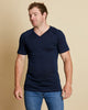 Man wearing soft Australia Merino wool short sleeve V neck t.shirt in navy. Designed to wear next to the skin as a base layer/thermal or on its own as a t.shirt style. Made in Australia at Woolerina's workrooms at Forbes in central west NSW.