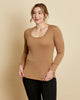 Woman wearing soft Australian Merino wool long sleeve scoop neck in camel. Designed to wear next to the skin as a base layer or on its own as a t.shirt style, it is perfect for layering! Made in Australia at Woolerina workrooms at Forbes in central west NSW.