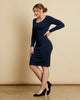 Woman wearing soft Australian Merino wool long sleeve scoop neck, knee length dress in navy. A slim fitting style, it is perfect for layering! Made in Australia at Woolerina workrooms at Forbes in central west NSW.
