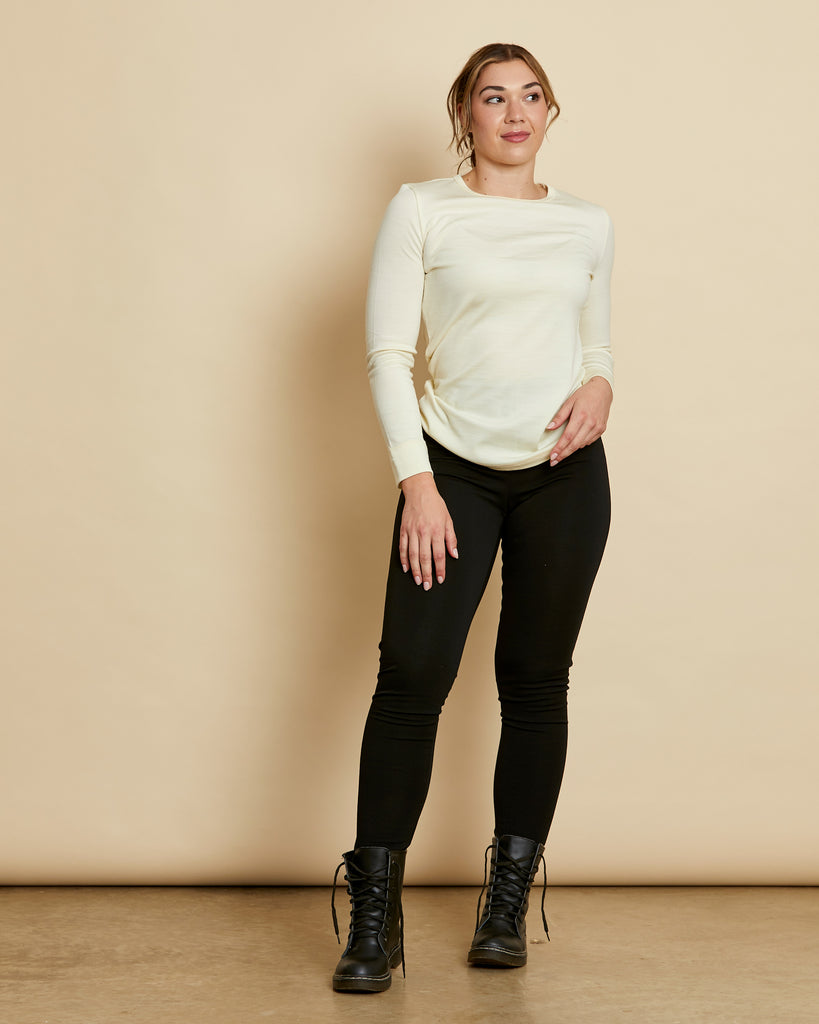 Woman wearing soft Australian Merino wool ponte pant in black. Slim fitting, with a straight leg and elastic waist. Made in Australia at Woolerina's workrooms at Forbes in central west NSW.