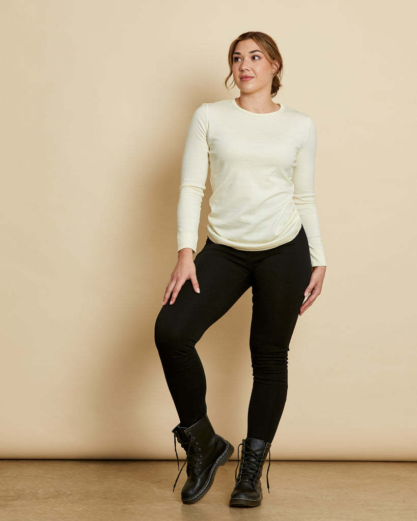 Woman wearing soft Australian Merino wool ponte pant in black. Slim fitting, with a straight leg and elastic waist. Made in Australia at Woolerina's workrooms at Forbes in central west NSW.
